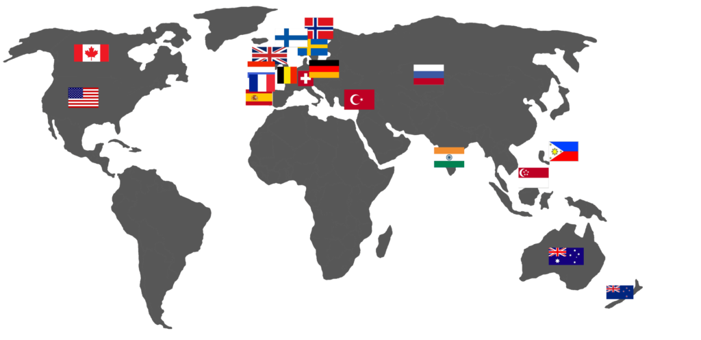 Clients from Australia, Canada, Belgium, Faroe Islands, Finland, France, Germany, India, Luxembourg, New Zealand, Norway, Philippines, Russia, Singapore, Spain, Sweden, Switzerland, Turkey, UK, USA.